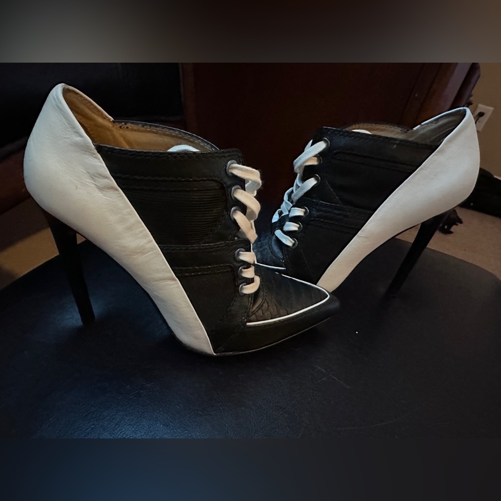 Lamb black and white heels